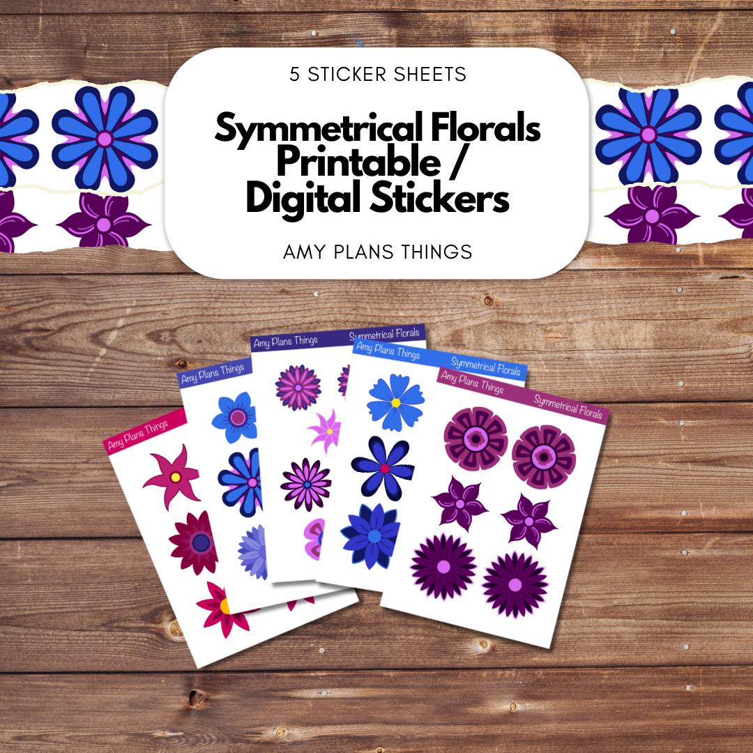 Symmetrical Florals Printable Stickers: Blue, Purple and Pink Edition