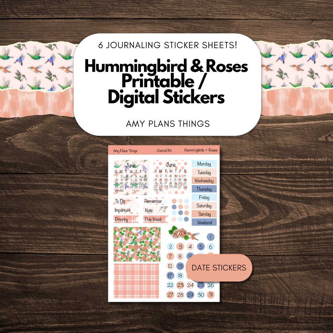 Hummingbirds & Roses Journaling Printable Stickers