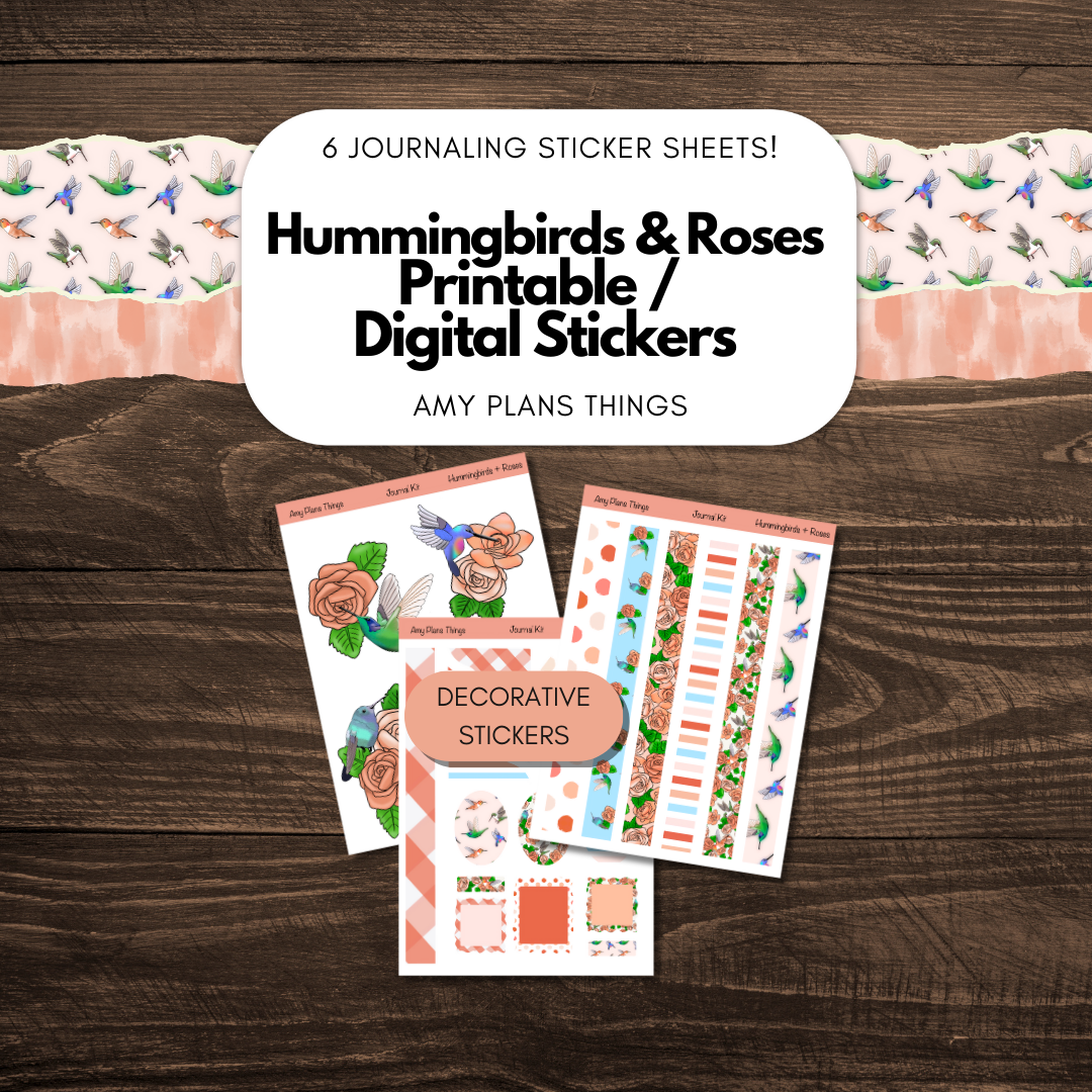 Hummingbirds & Roses Journaling Printable Stickers