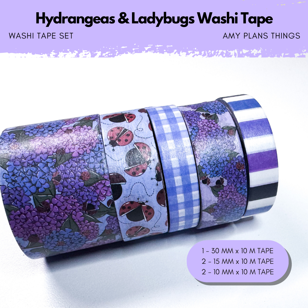 Hydrangeas & Ladybugs Set of 5 Washi Tapes