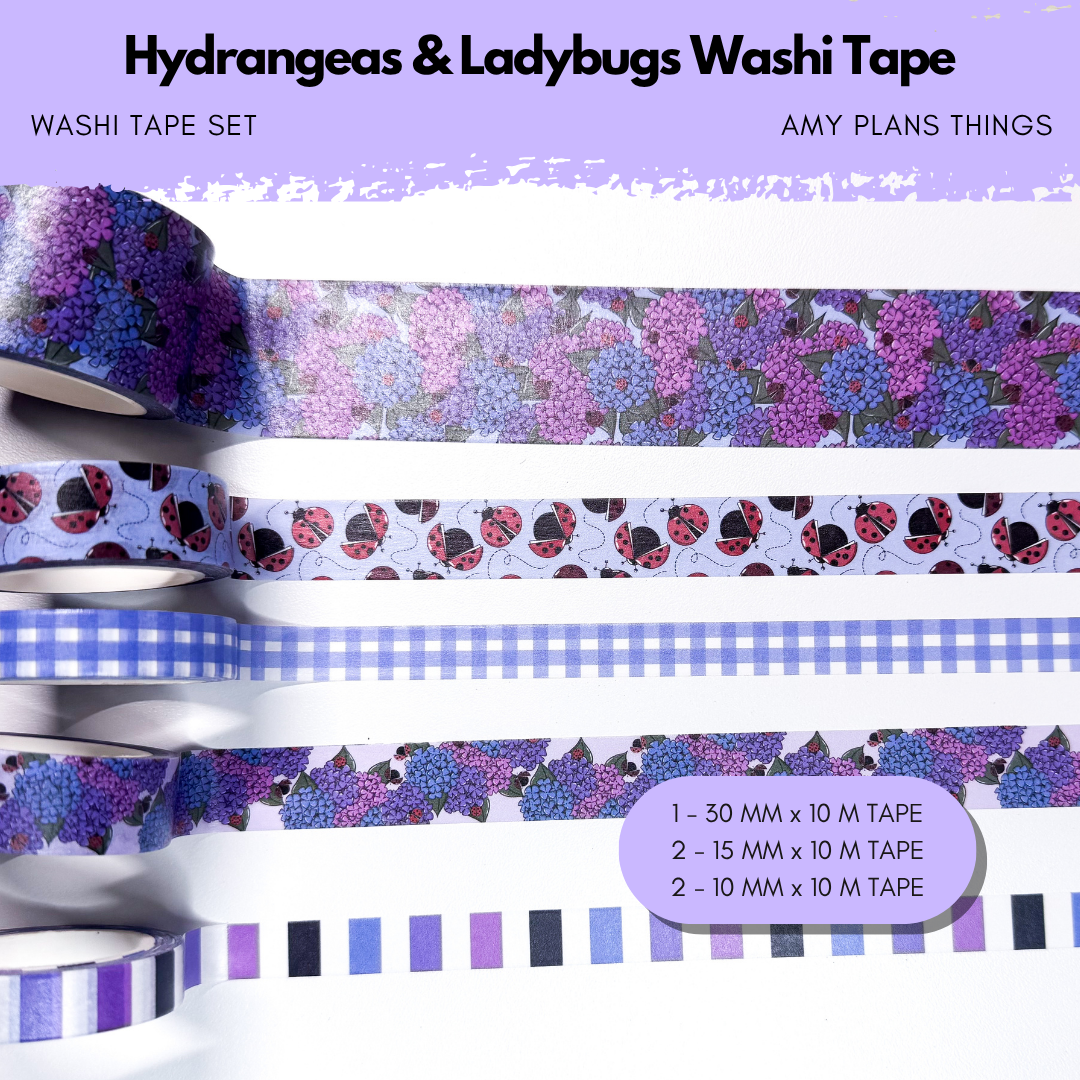 Hydrangeas & Ladybugs Set of 5 Washi Tapes