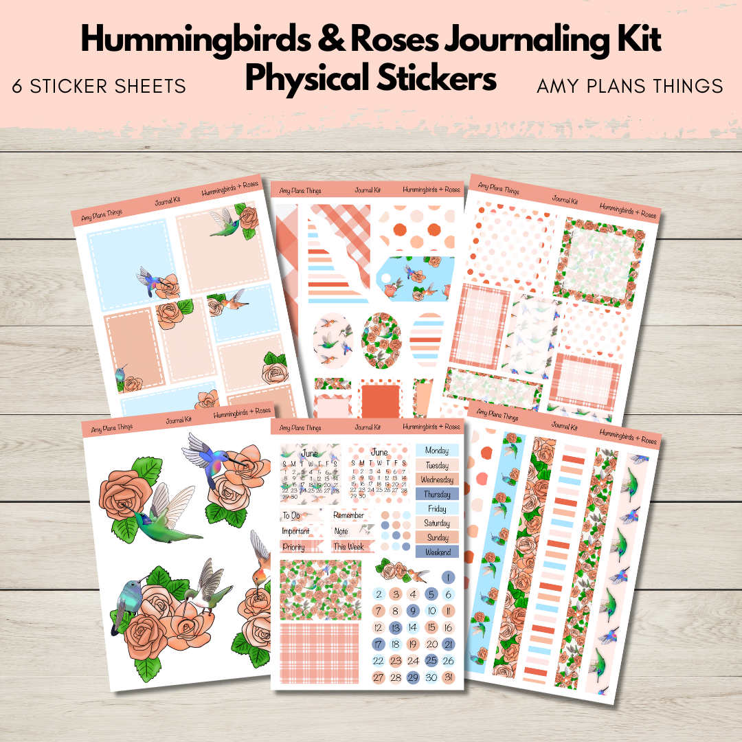 Hummingbirds & Roses Journaling Sticker Kit - PHYSICAL item