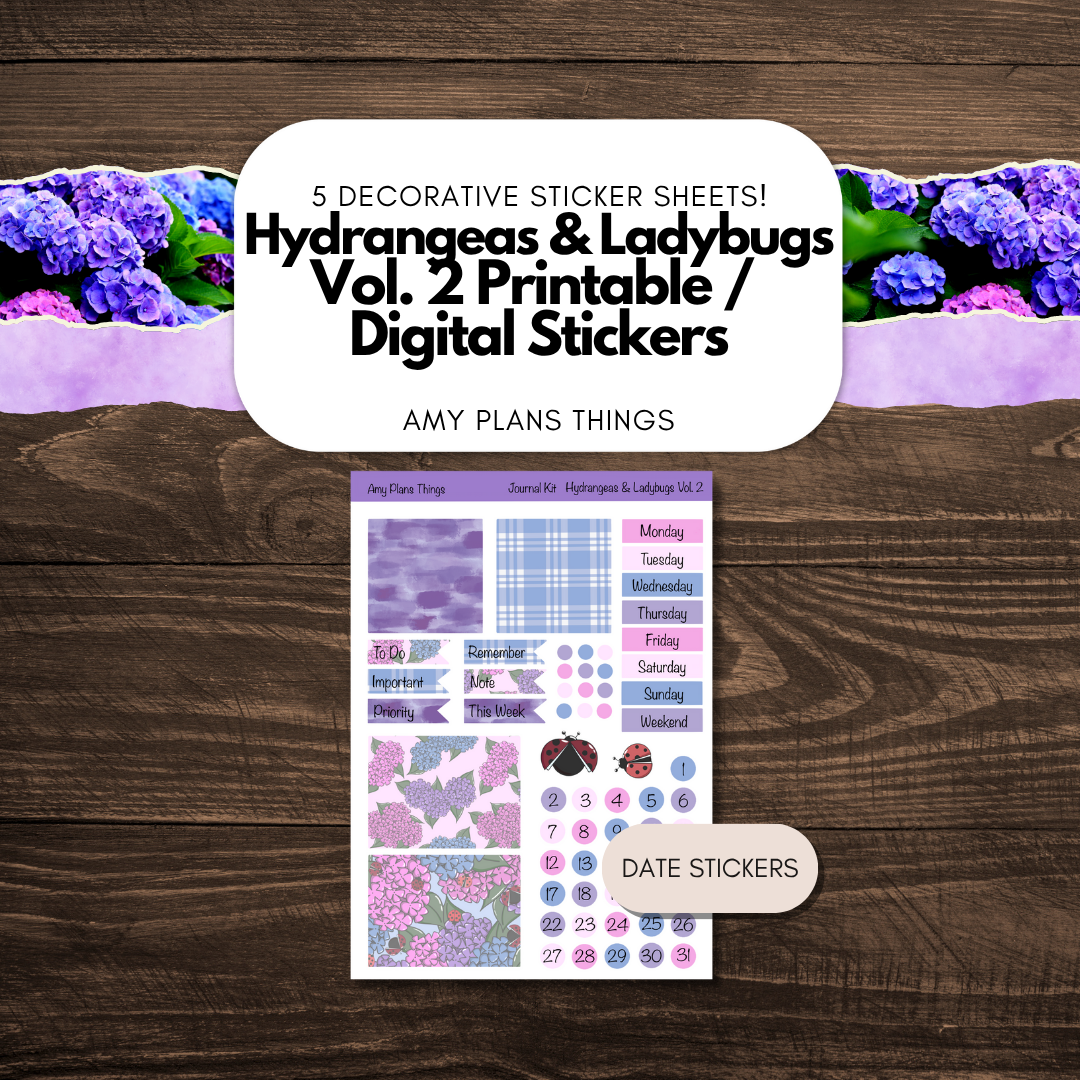 Hydrangeas & Ladybugs Vol 2 Printable Journal Stickers