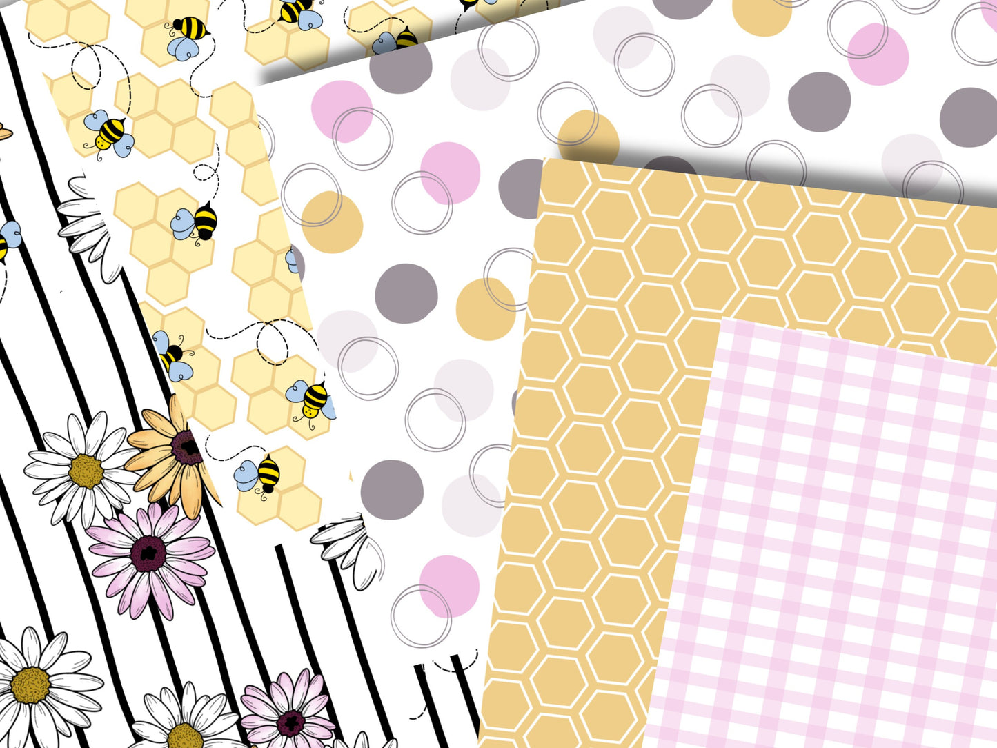 Daisies + Bumblebees Printable Scrapbook Paper | Digital Junk Journal Paper Pack | Printable Planner Designs
