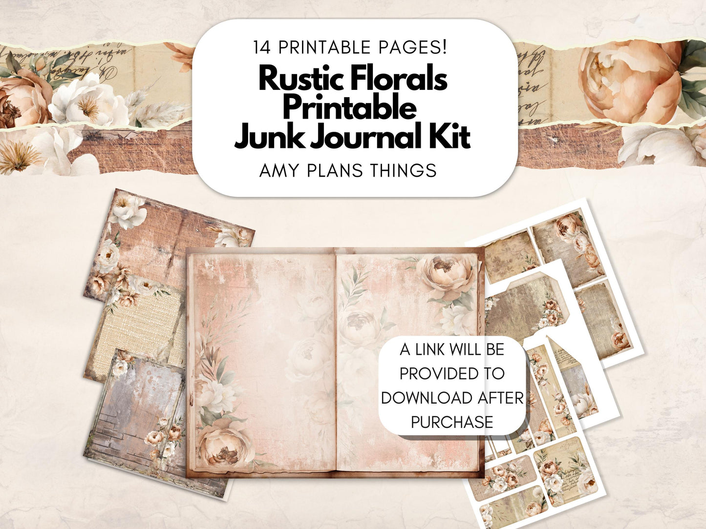 Rustic Florals Junk Journal Kit - Digital Download/Printable