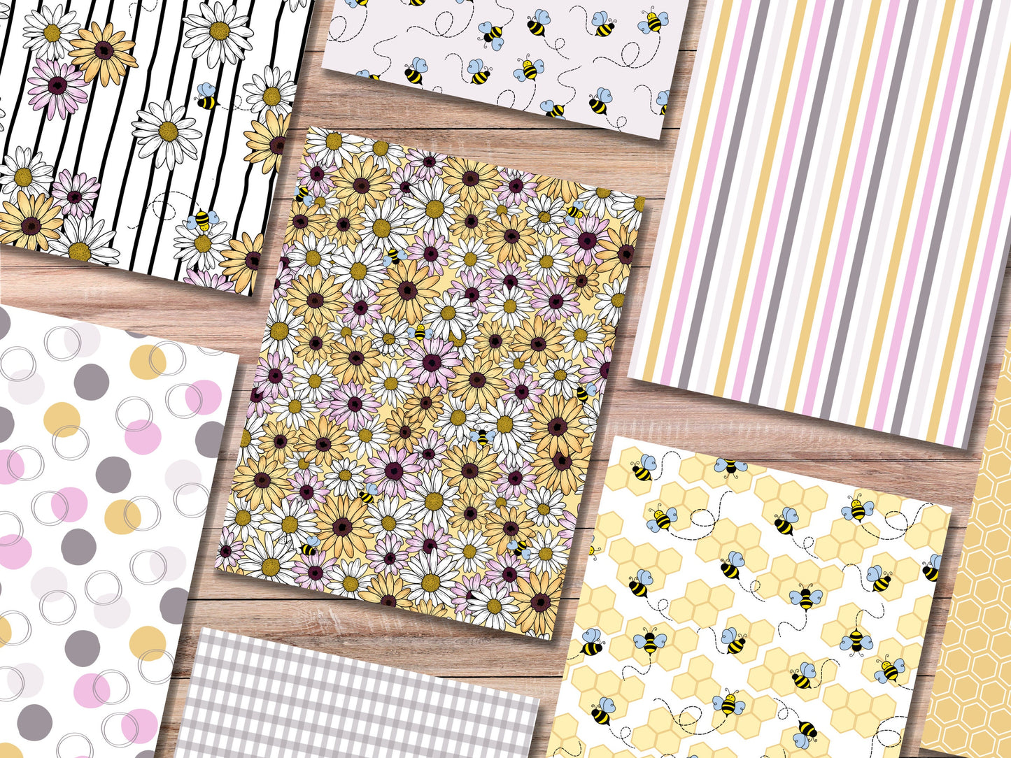 Daisies + Bumblebees Printable Scrapbook Paper | Digital Junk Journal Paper Pack | Printable Planner Designs