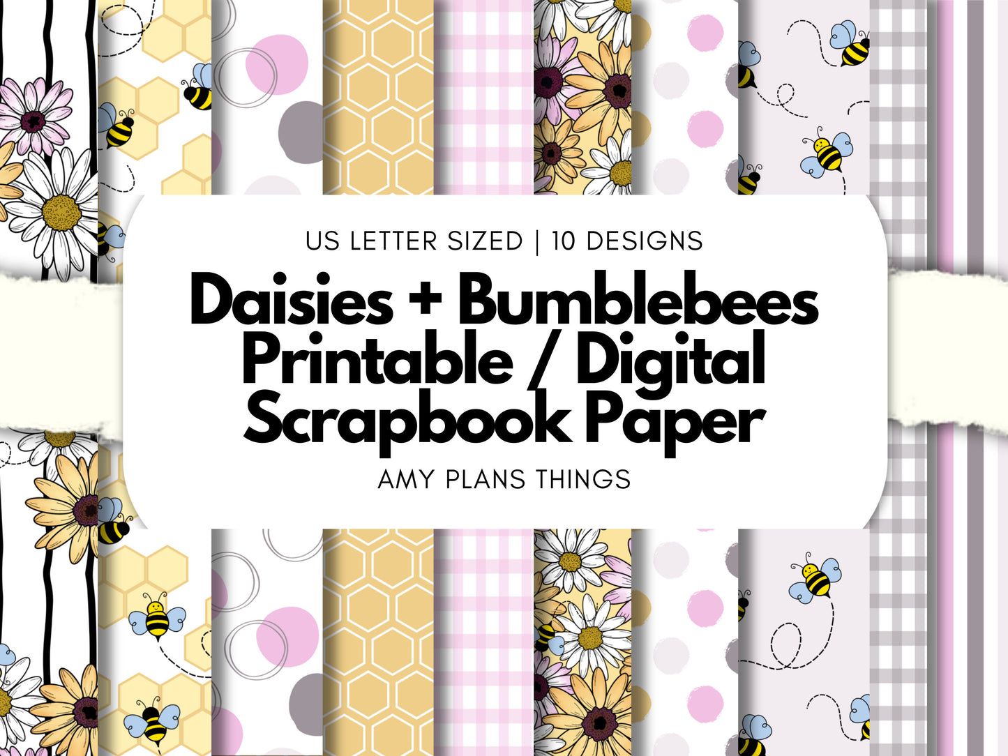 Daisies + Bumblebees Printable Scrapbook Paper | Digital Junk Journal Paper Pack | Printable Planner Designs