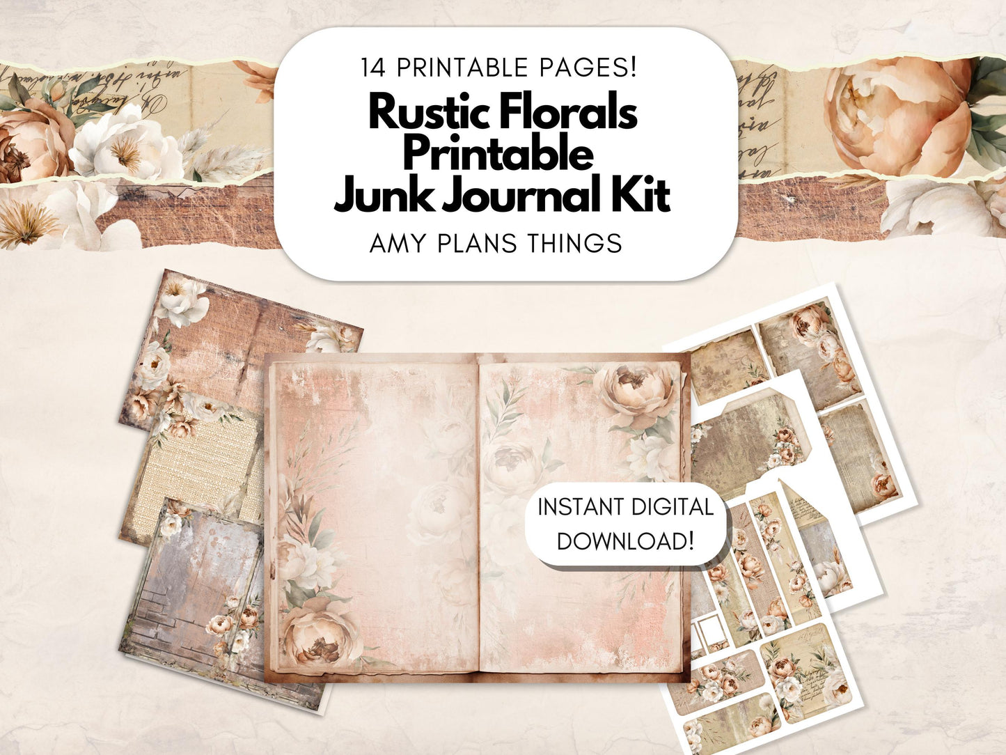 Rustic Florals Junk Journal Kit - Digital Download/Printable