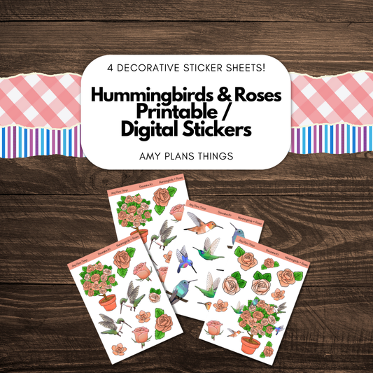 Hummingbirds & Roses Decorative Printable Stickers