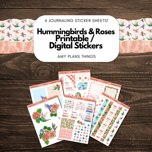 Hummingbirds & Roses Journaling Printable Stickers
