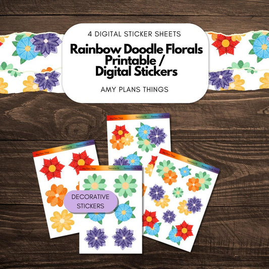 Rainbow Doodle Florals Printable Stickers