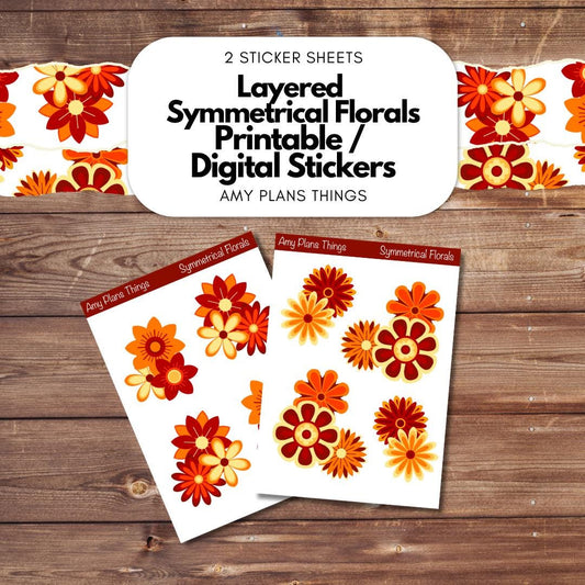 Layered Symmetrical Floral Printable Stickers - Red/Orange Edition