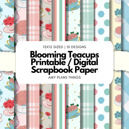 Blooming Teacups Printable Scrapbook Paper