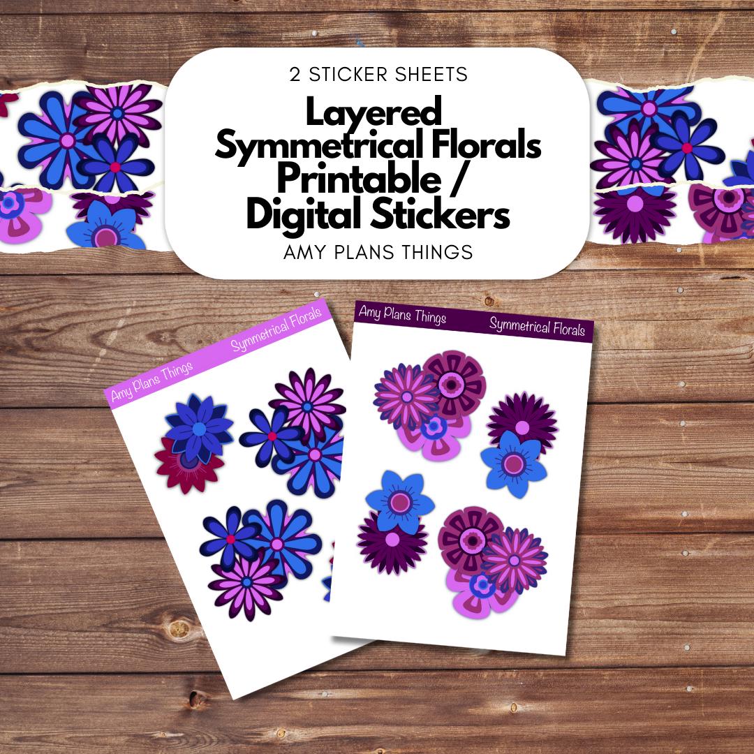 Layered Symmetrical Florals Printable Stickers - Blue/Purple/Pink Edition